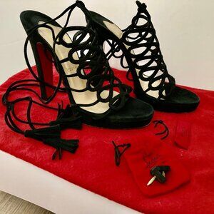 CHRISTIAN LOUBOUTIN Black Suede Strappy Heels Sz 38.5